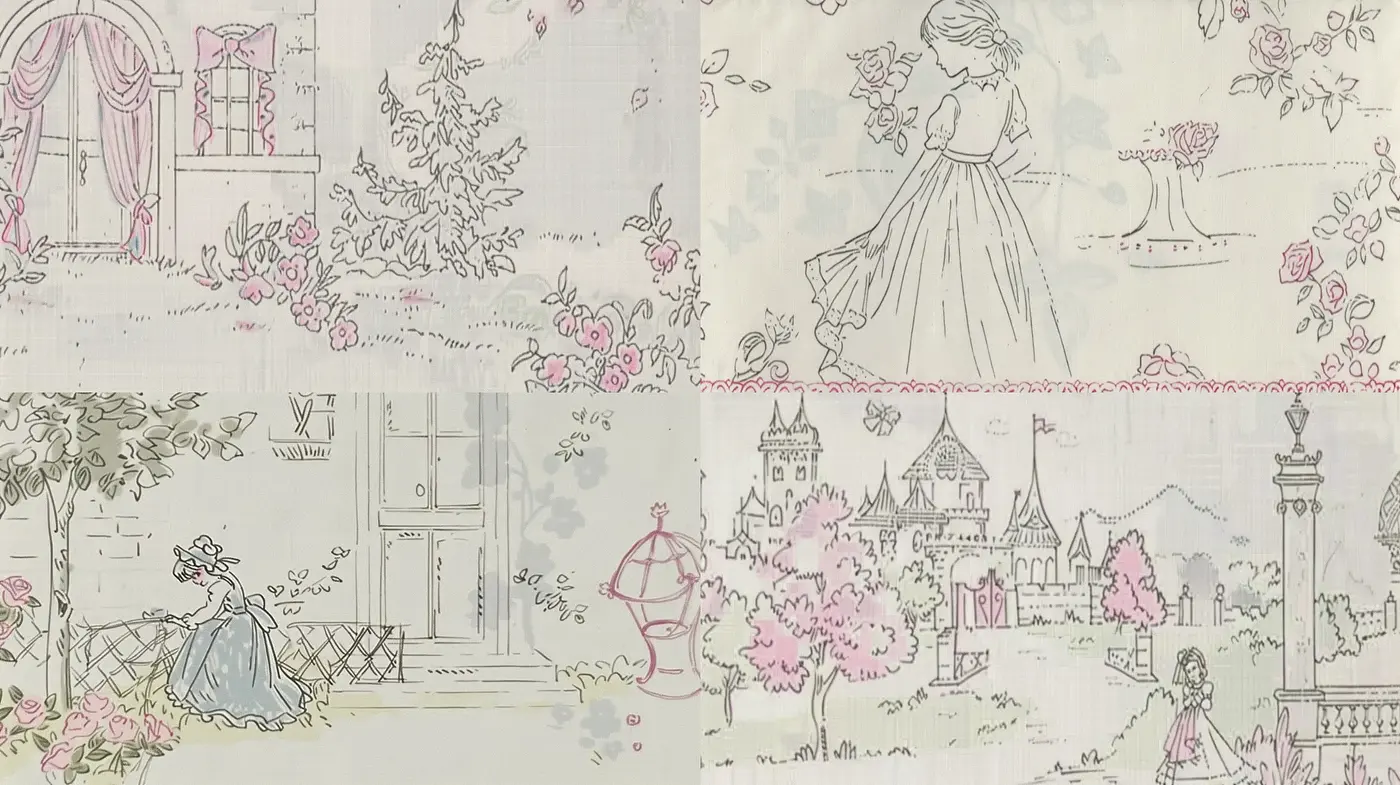 Whimsical Toile de Jouy Fabric Illustration Panorama - Midjourney sref style