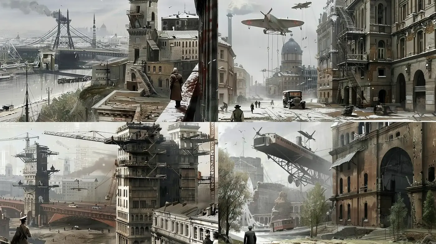 Dystopian Elegance: A Fusion of Steampunk and Post-Industrial Decay - Midjourney sref style
