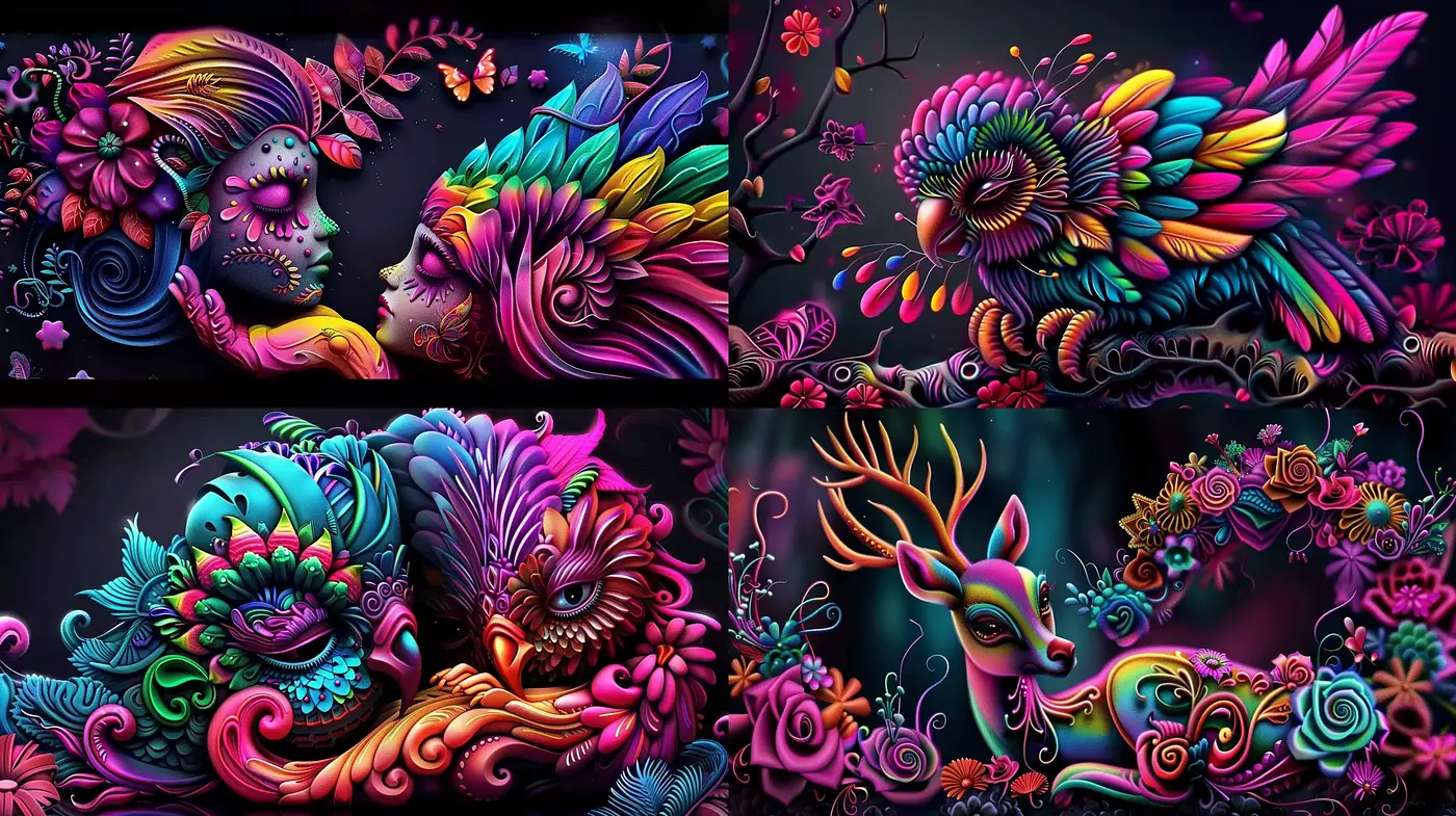 Luminous Psychedelic Enchantment: A Vibrant Dance of Surreal Imagery and Vivid Natural Harmonies - Midjourney sref style