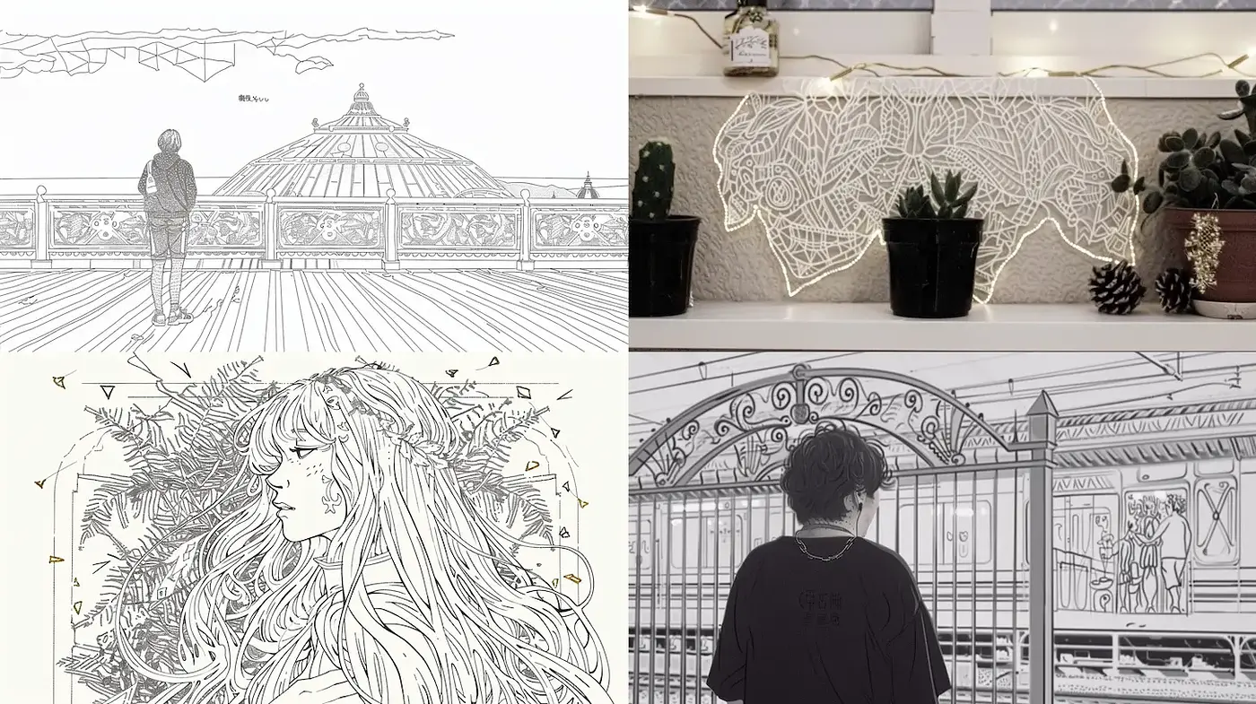 Intricate Line Art with Organic and Geometric Elements - Midjourney sref style