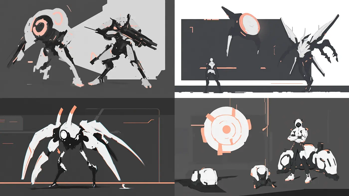 Monochromatic Mecha Concept with Dynamic Composition and Stylized Silhouettes - Midjourney sref style