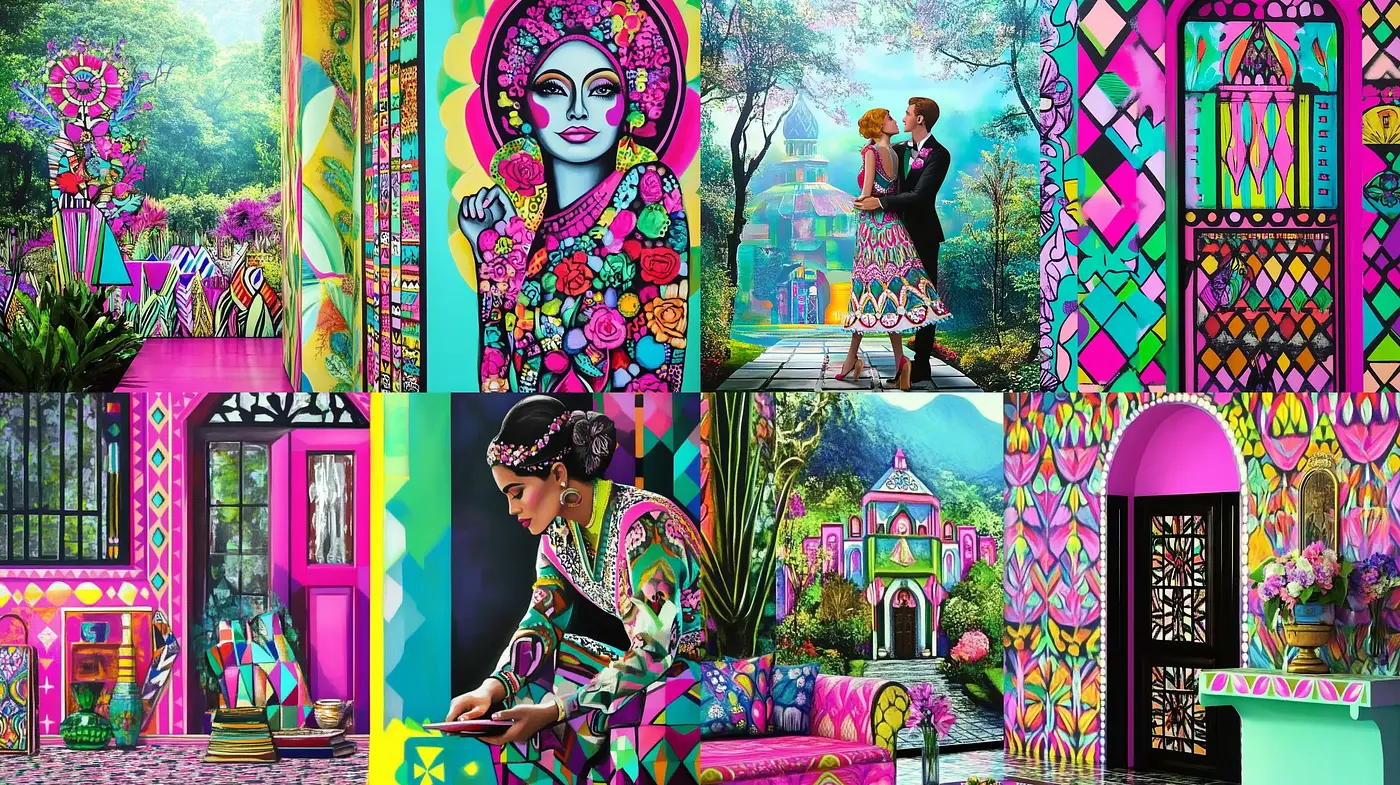 Vibrant Hues and Stained Glass Mosaic Dreamscape - Midjourney sref style