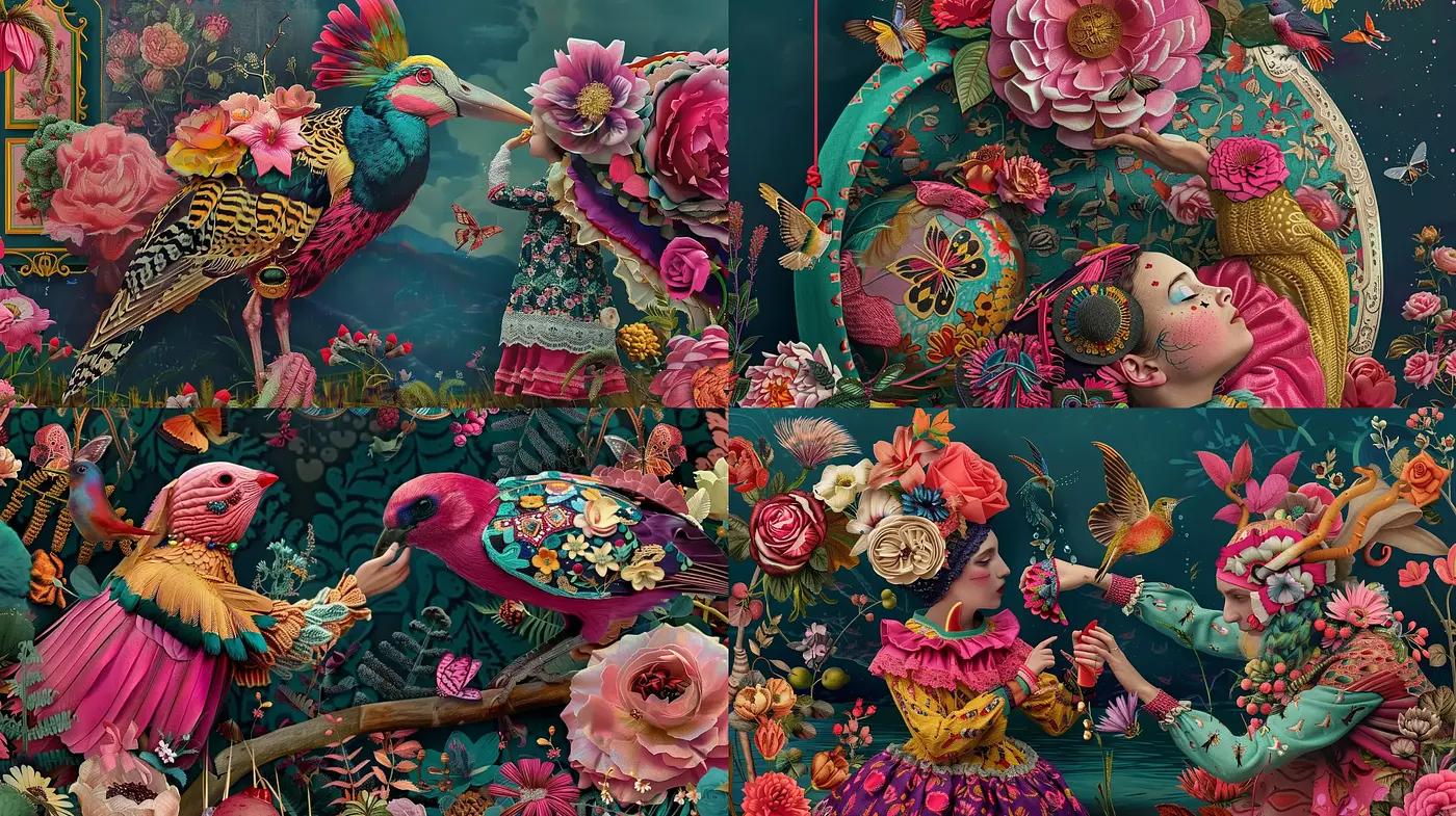 Botanical Fantasy Fusion with Vibrant Baroque and Rococo Elements - Midjourney sref style