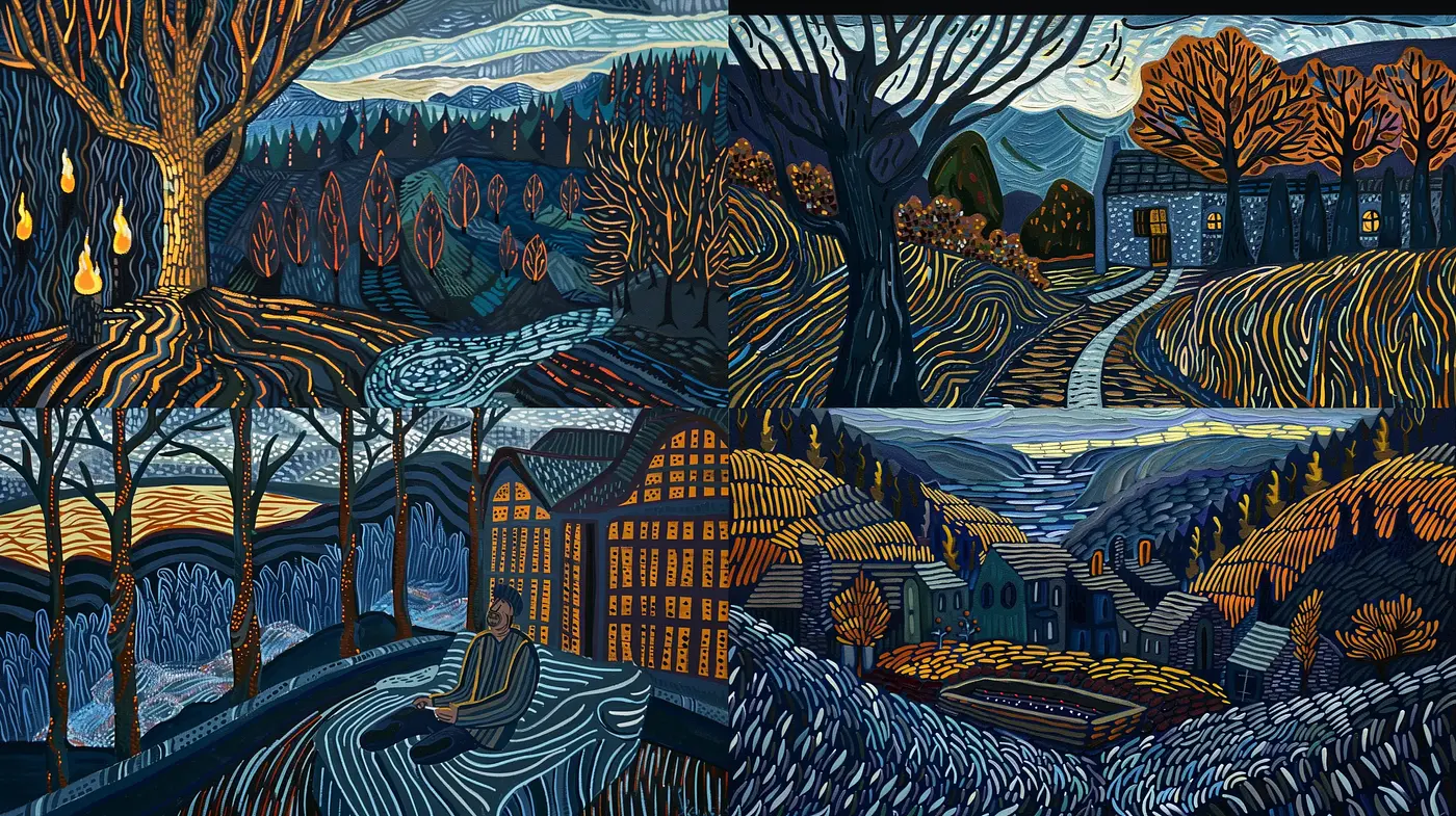 Enigmatic Tapestry of Twilight: A Journey in Stylized Landscapes - Midjourney sref style