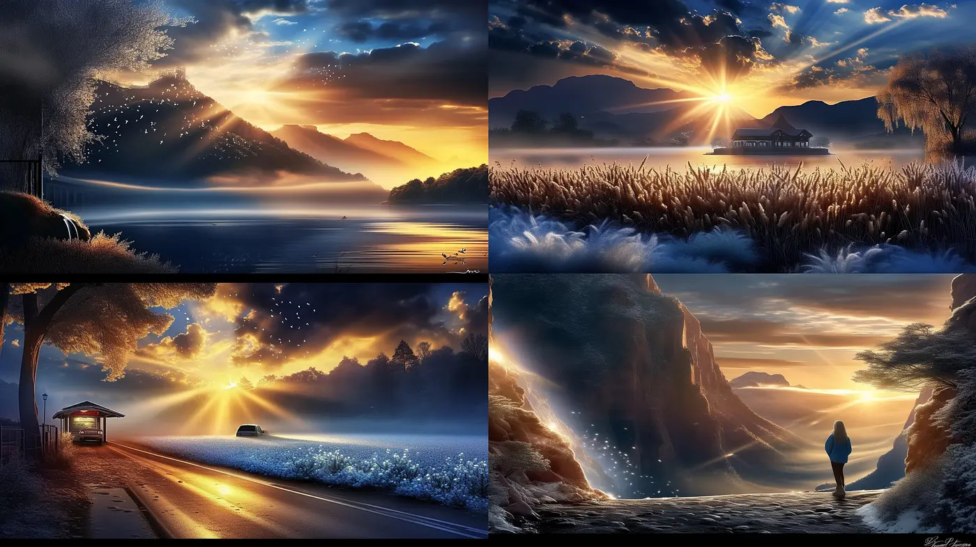 Ethereal Dawn and Dusk: A Study in Luminous Landscapes and Serene Tones - Midjourney sref style