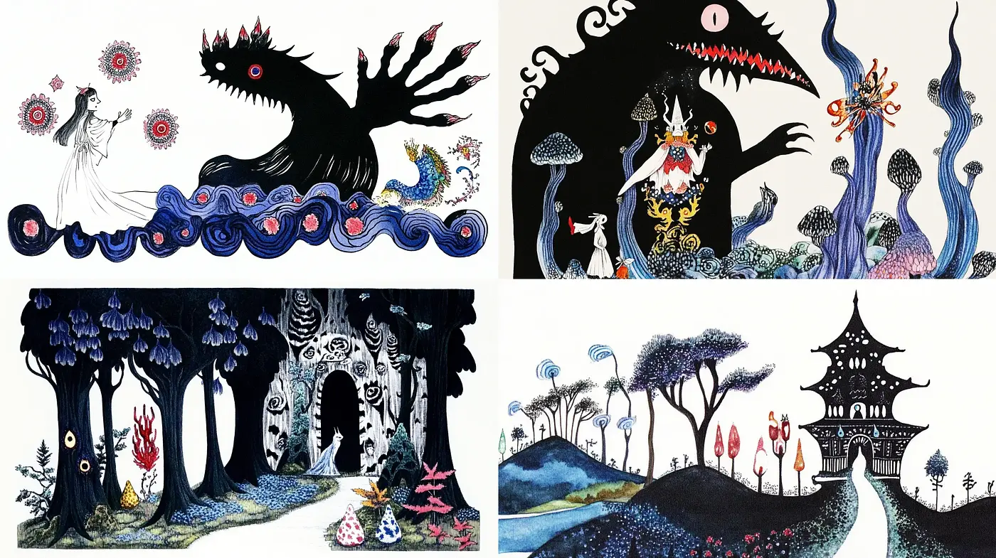 Enigmatic Whimsy in Surreal Illustrated Landscapes - Midjourney sref style