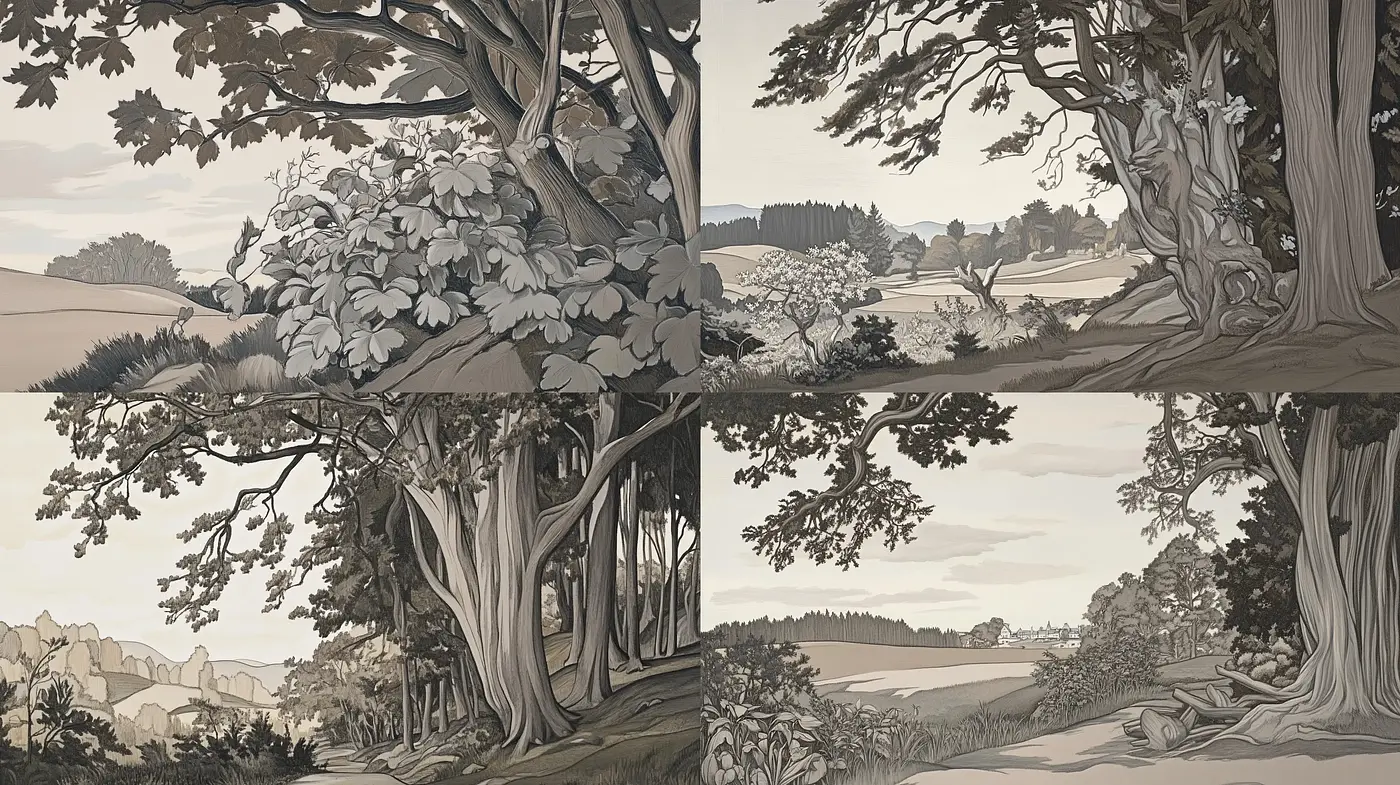 Sepia-Toned Arboreal Elegance in Illustrative Realism - Midjourney sref style