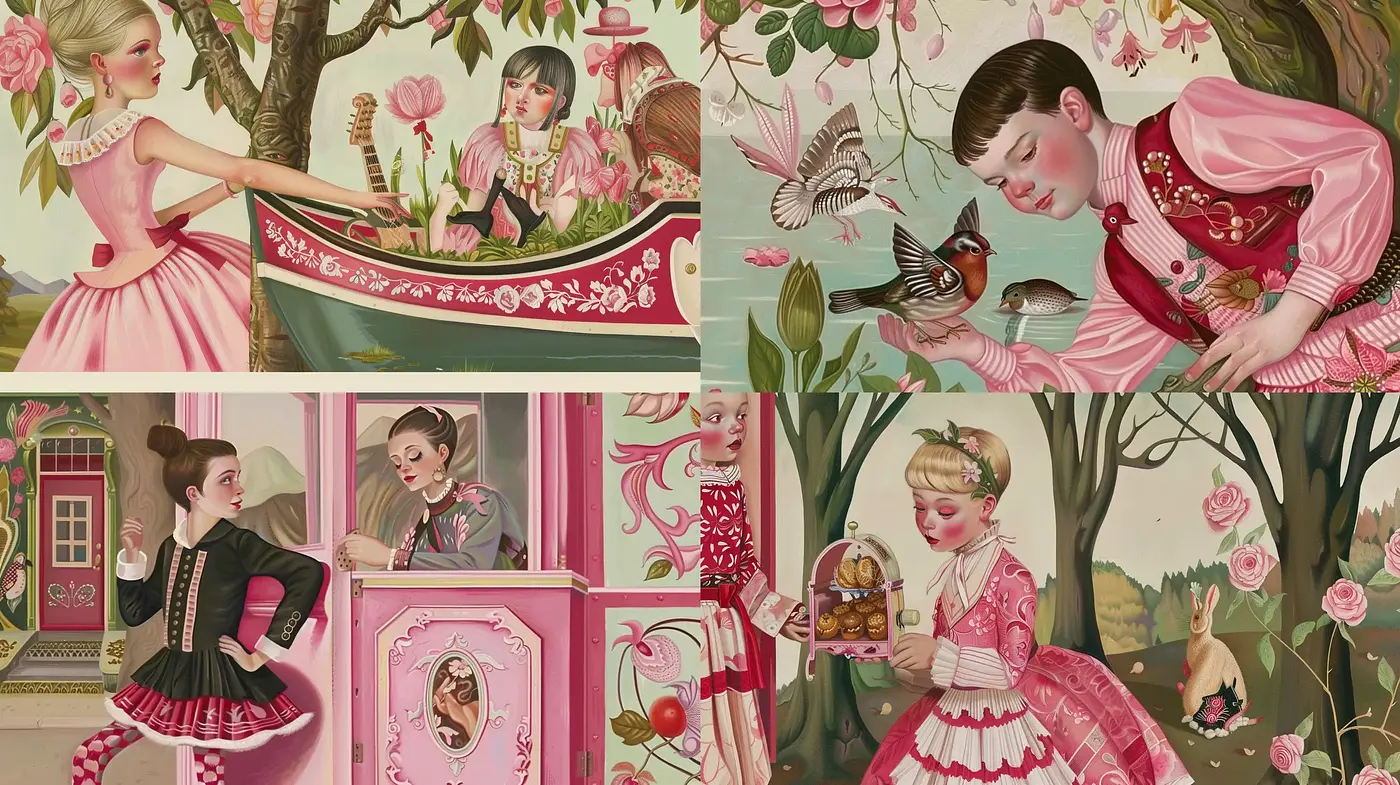 Whimsical Storybook Illustration with Rococo and Victorian Influences - Midjourney sref style