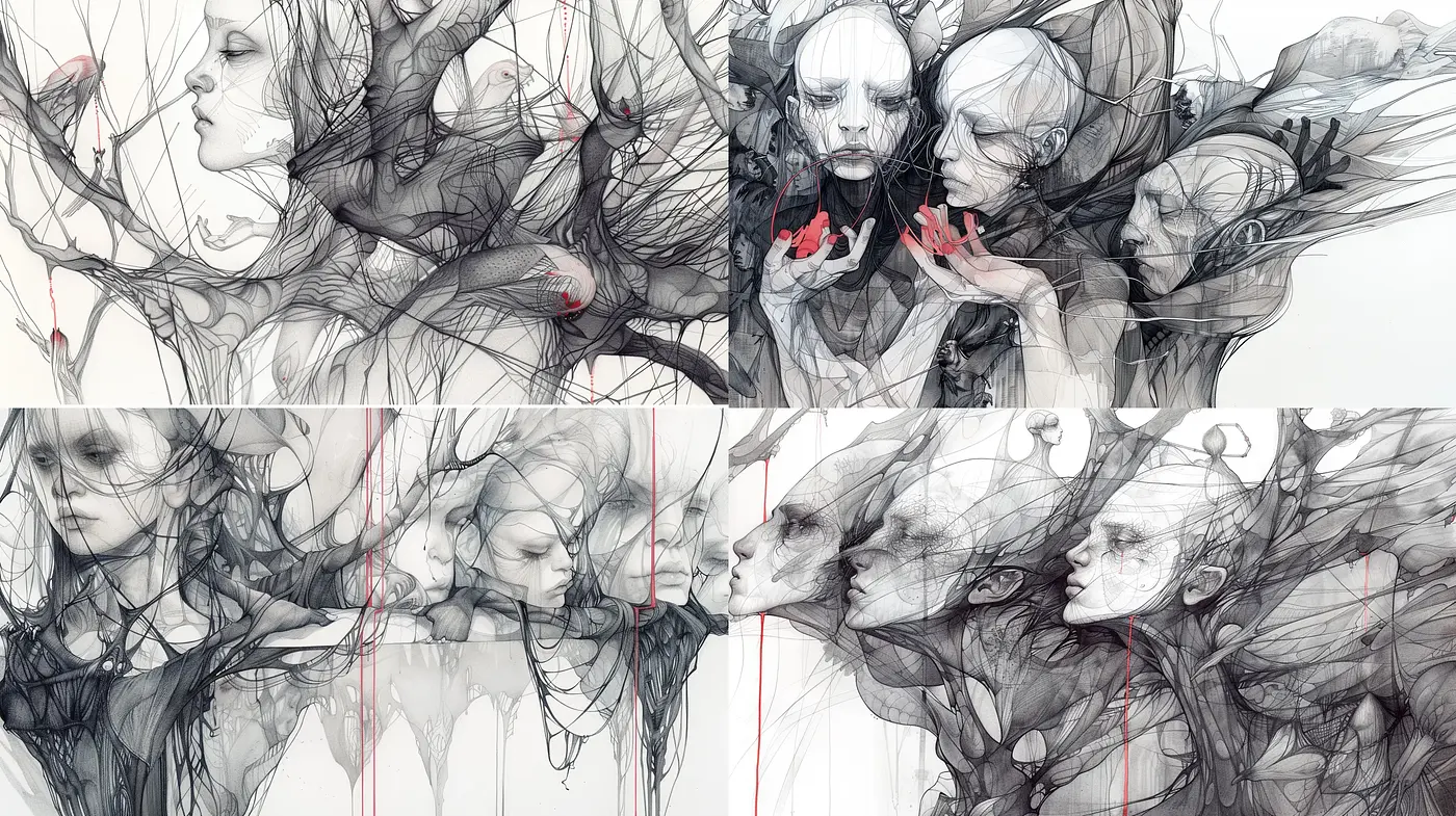Ethereal Echoes of Graphite and Crimson: A Delicate Dance Between Sketched Lines and Hints of Color - Midjourney sref style