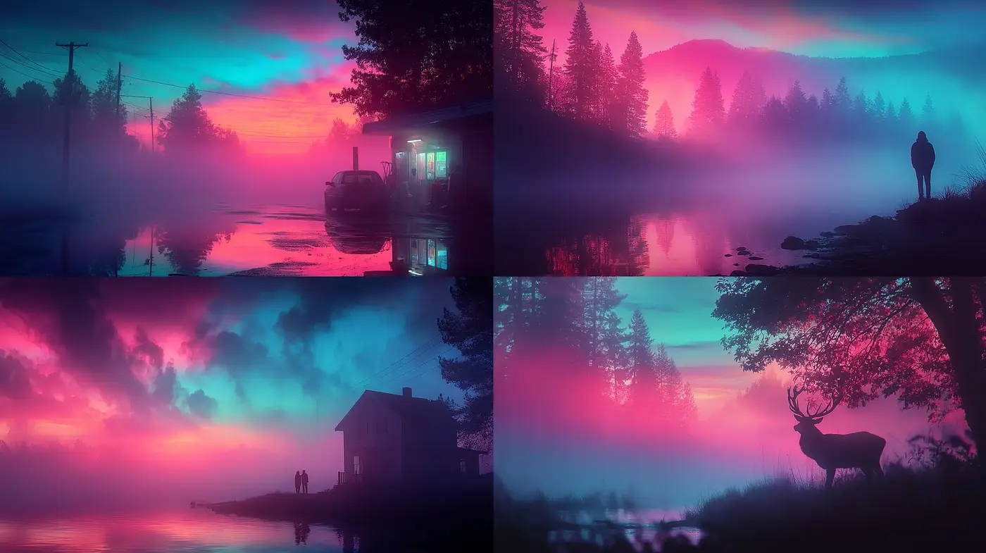 Ethereal landscapes with vibrant contrast and misty ambiance - Midjourney sref style
