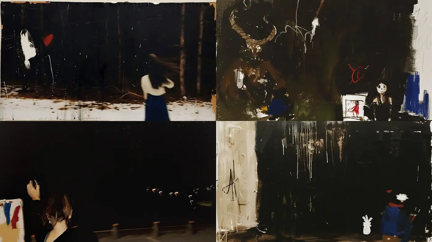 Nocturnal Elegies: A Dance Between Shadows and Whispers in Abstract Expressionism - Midjourney sref style