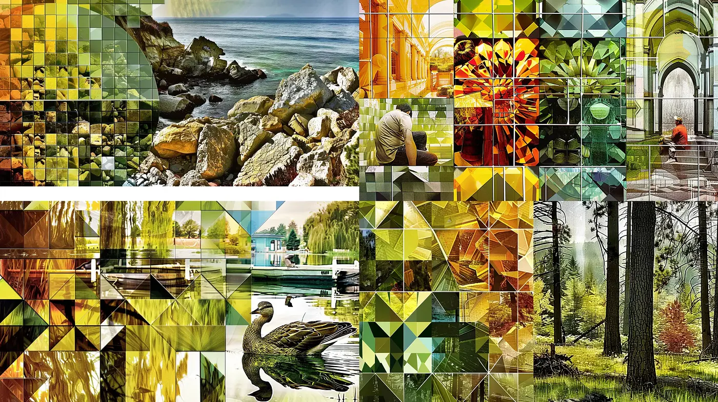 Fractured Nature Mosaic: A Synchronized Tapestry of Geometric Naturalism - Midjourney sref style