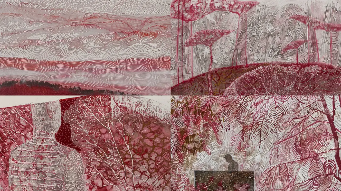 Crimson Whispers: An Exploration in Textured Red Landscapes - Midjourney sref style