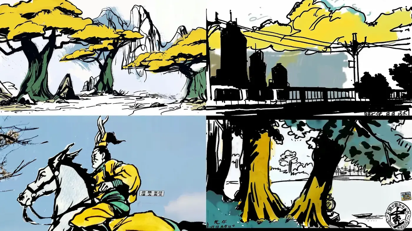 Dynamic yet tranquil illustrations blending traditional and modern aesthetics - Midjourney sref style