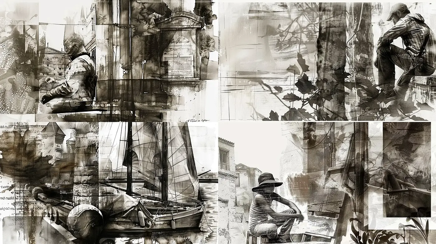 Monochrome Whispers of a Bygone Era: An Artistic Fusion of Ink Wash and Abstract Expression - Midjourney sref style