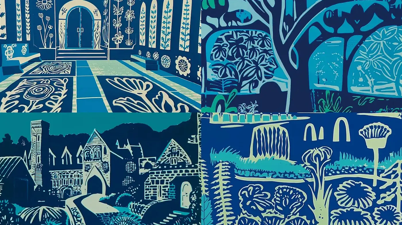 Intricate and stylized representations of serene landscapes and architecture - Midjourney sref style