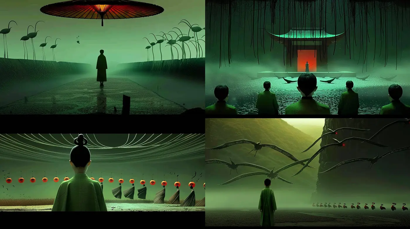 Ethereal Green Hues within Surreal Landscapes: A Digital Fusion of Serenity and Mystique - Midjourney sref style