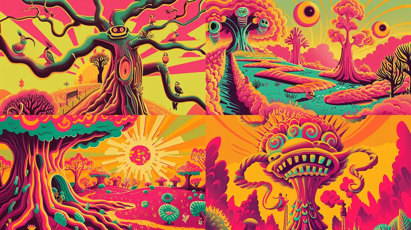 Surreal Vibrant Landscapes with a Whimsical Flair - Midjourney sref style