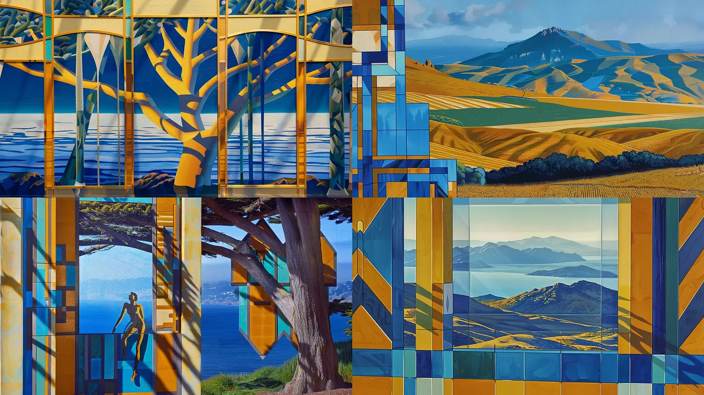 Sunlit Geometric Symphonies: A Harmonious Fusion of Stylized Landscapes and Architectural Elegance - Midjourney sref style