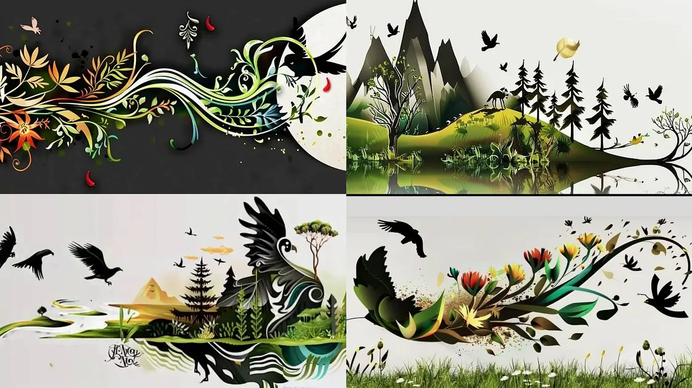 Ethereal Nature's Symphony: A Harmonious Blend of Stylized Flora and Fauna with Whimsical Earthy Tones - Midjourney sref style