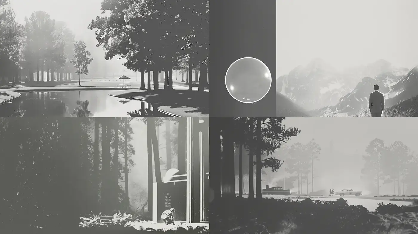 Serene Monochrome Landscapes with a Nostalgic and Dreamlike Quality - Midjourney sref style