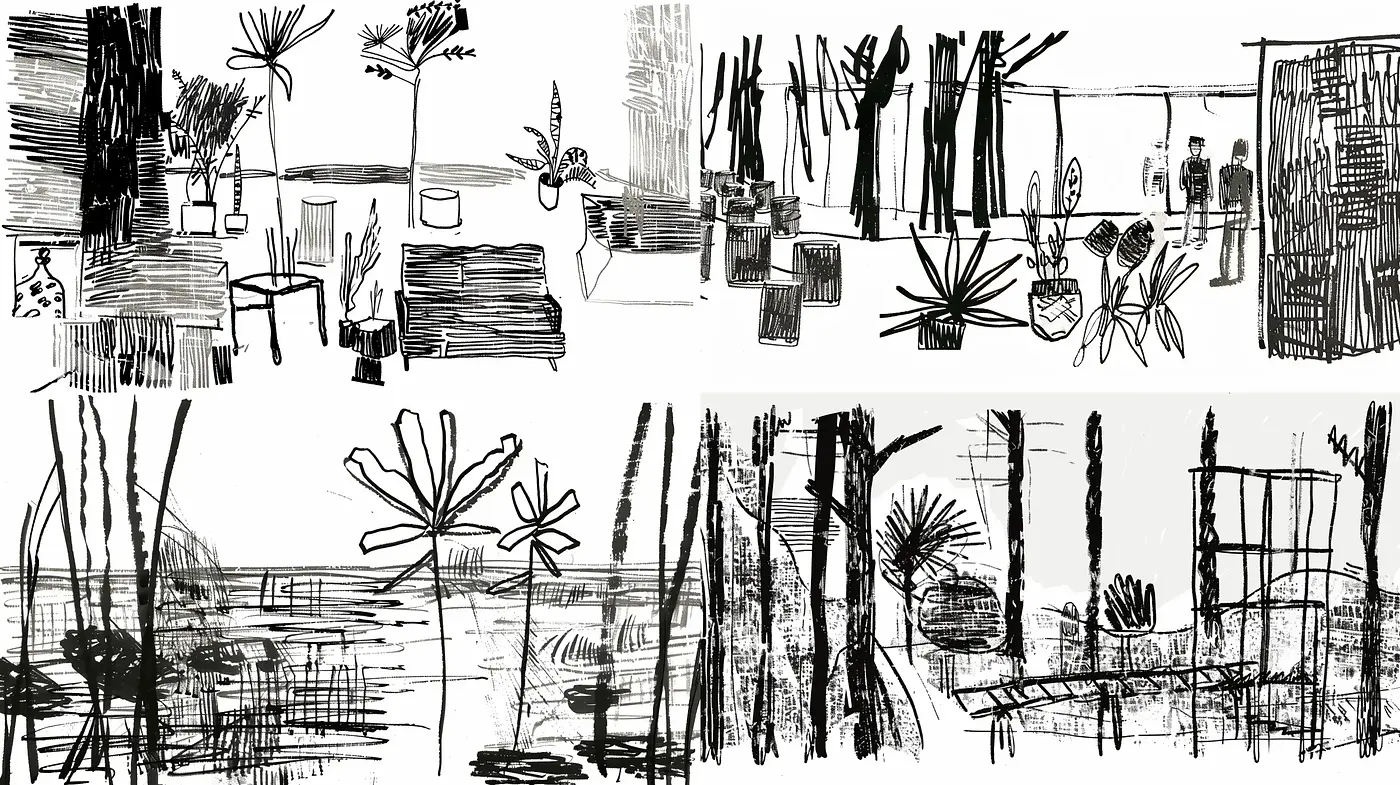 Monochromatic Sketchbook Flourishes in Abstract Expression - Midjourney sref style