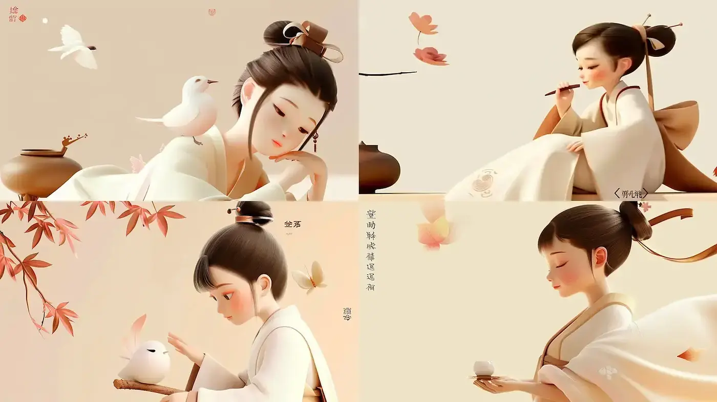 Whimsical, serene illustrations with soft, harmonious elements - Midjourney sref style