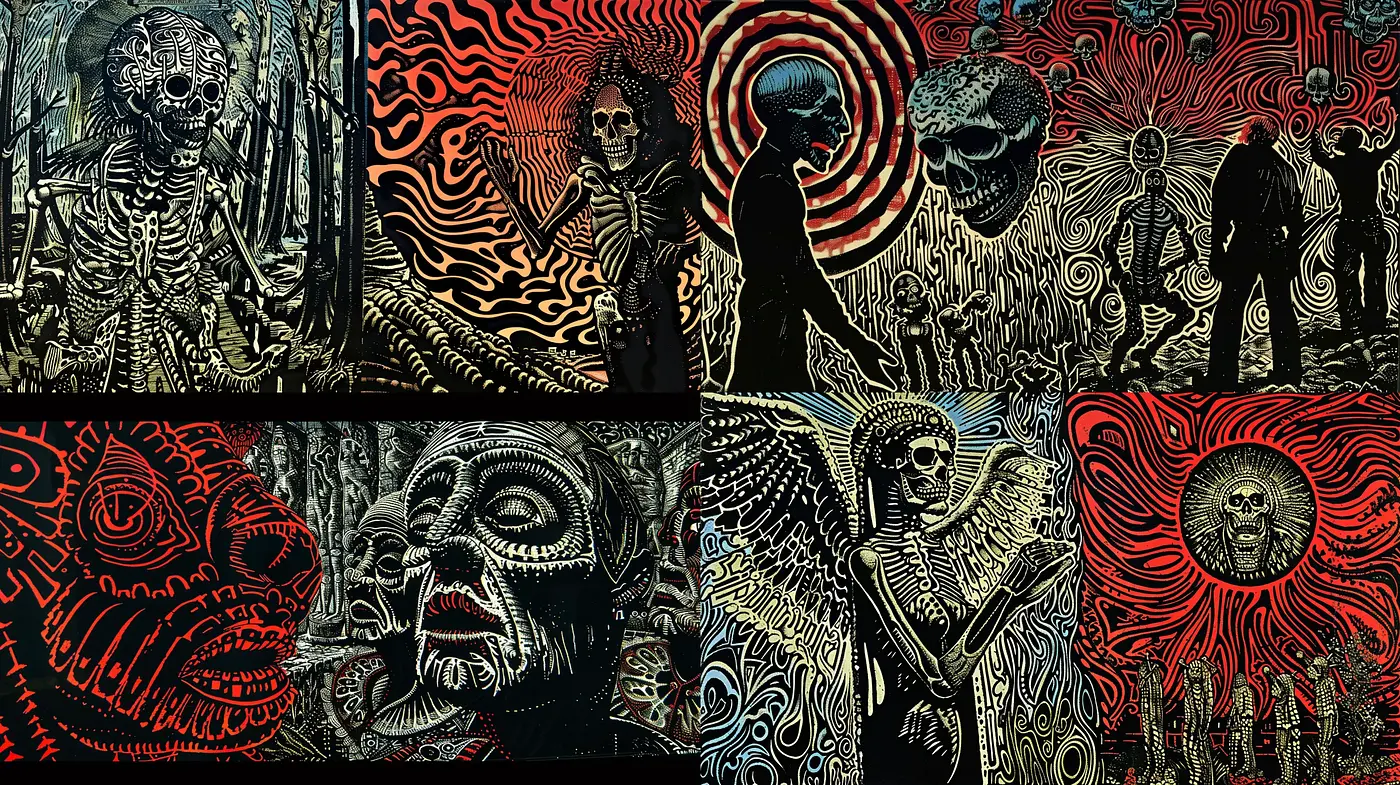 Eerie Nocturnal Echoes in Monochromatic Etching Style - Midjourney sref style