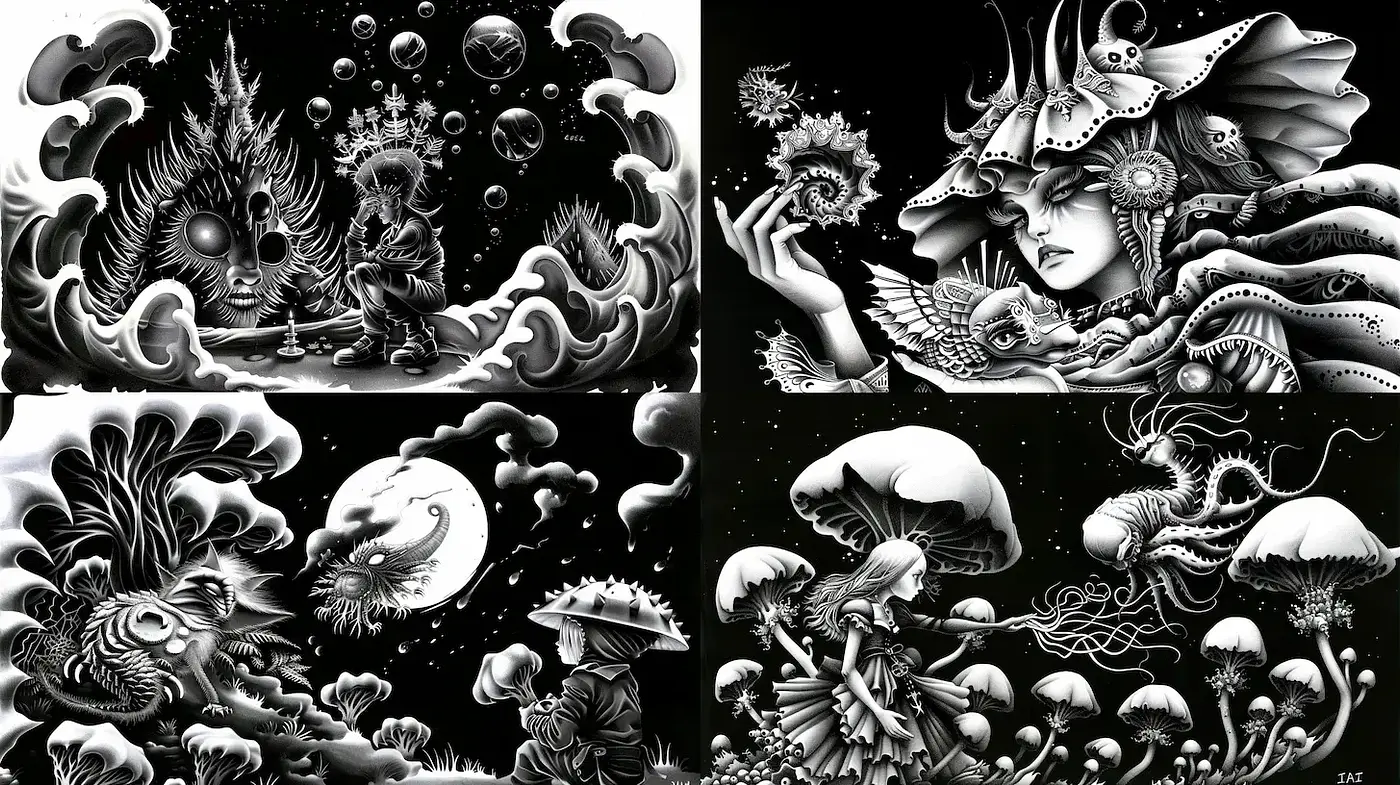 Monochromatic Fantasia in Surrealist Dreams - Midjourney sref style