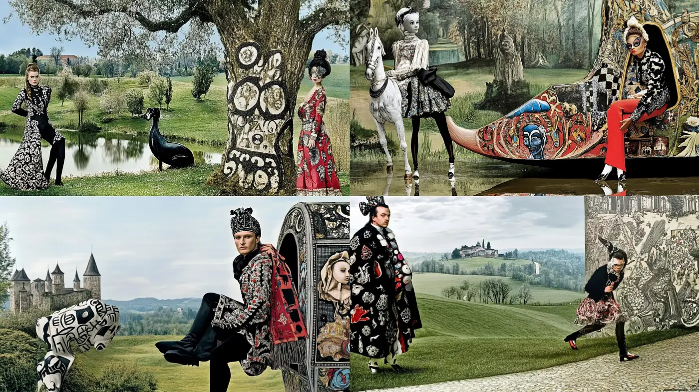 Elegant Fashion Fusion with a Surrealist Countryside Essence - Midjourney sref style