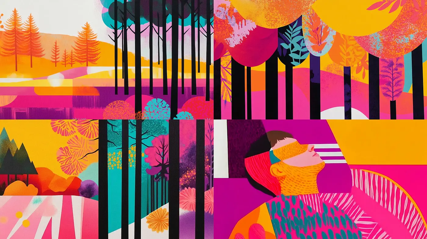 Vibrant Geometric Serenity: A Synthesis of Bold Colors and Tranquil Landscapes - Midjourney sref style