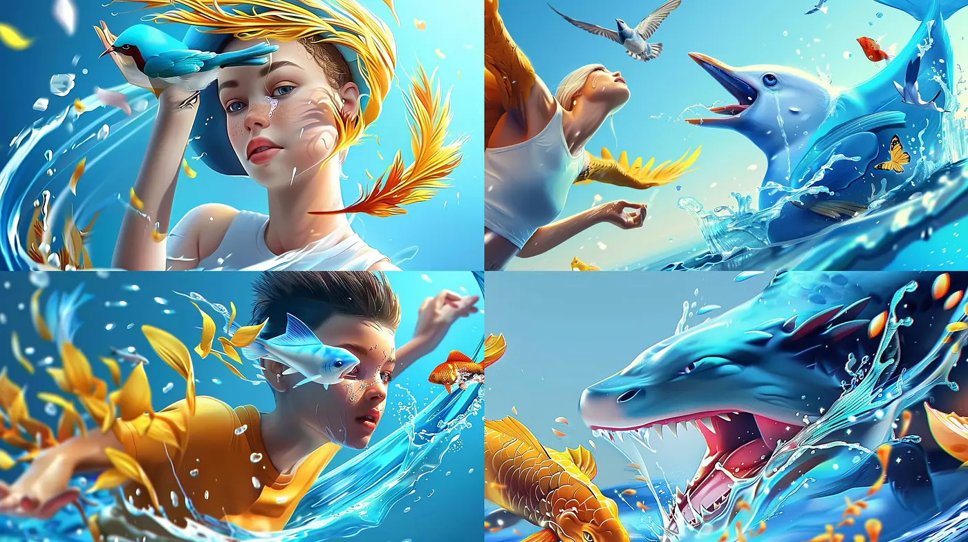 Aquatic Euphoria: A Vivid Dive into Surrealist Hues and Dynamic Motion - Midjourney sref style
