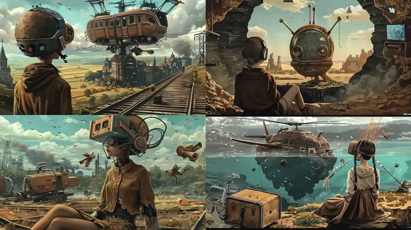 Retrofuturistic Dreamscape: A Homage to Steampunk Aesthetics and Surreal Vistas - Midjourney sref style