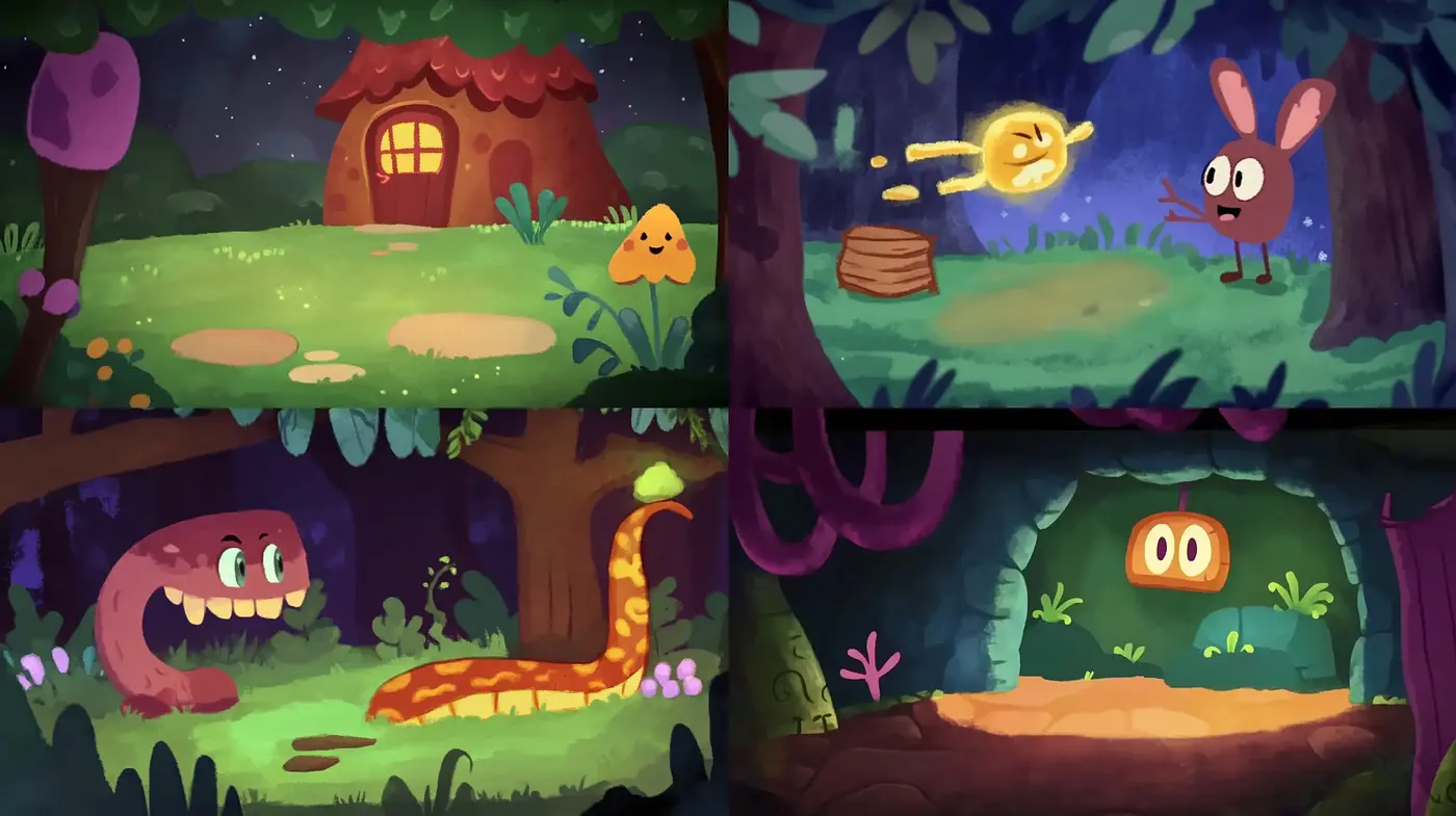 Enchanted Forest Whimsy: Consistent Cartoon-Inspired Mystique in Lush Coloration - Midjourney sref style