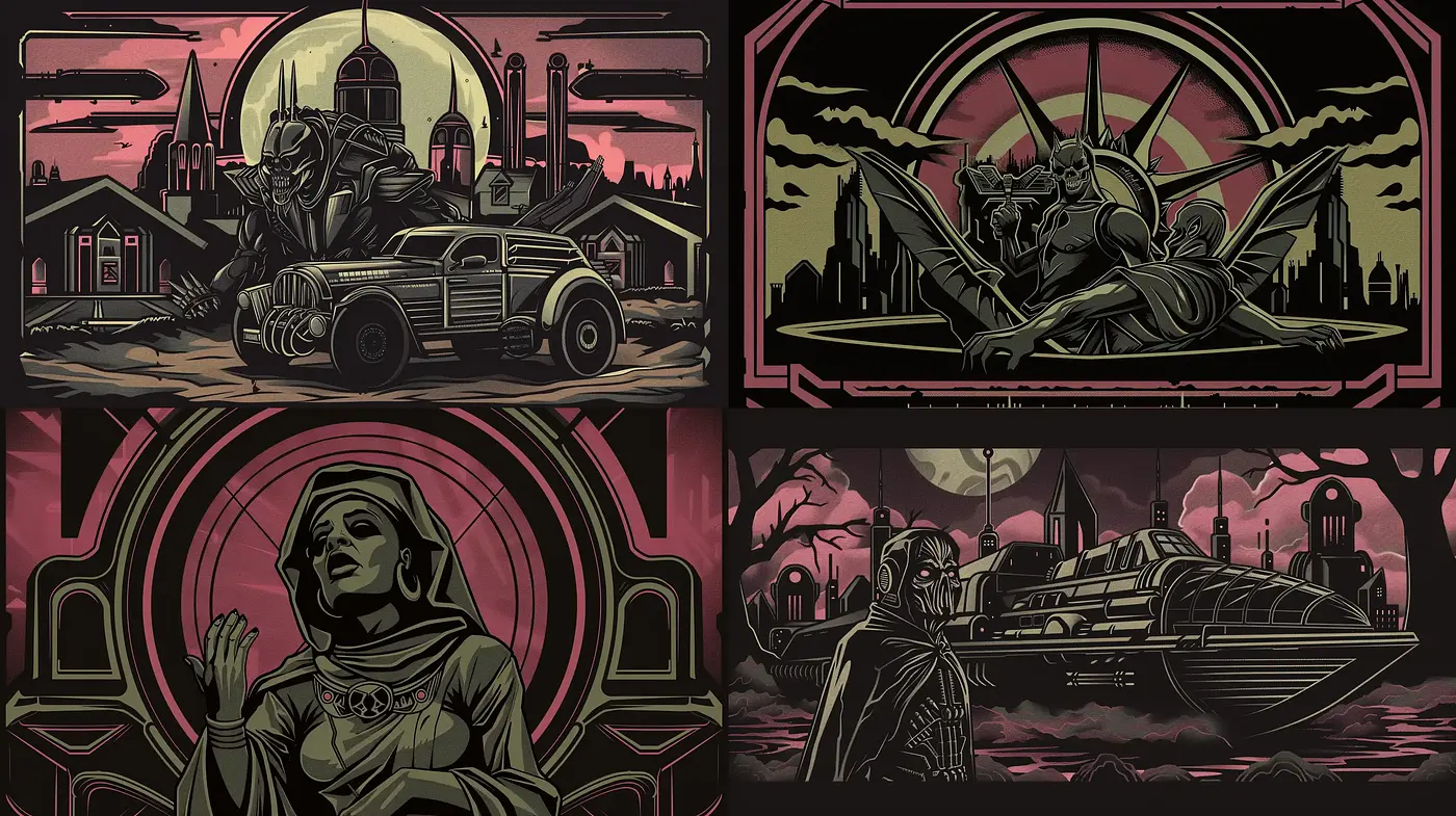 Noir-Inspired Gothic Vignettes with a Stylized Comic Book Aesthetic - Midjourney sref style