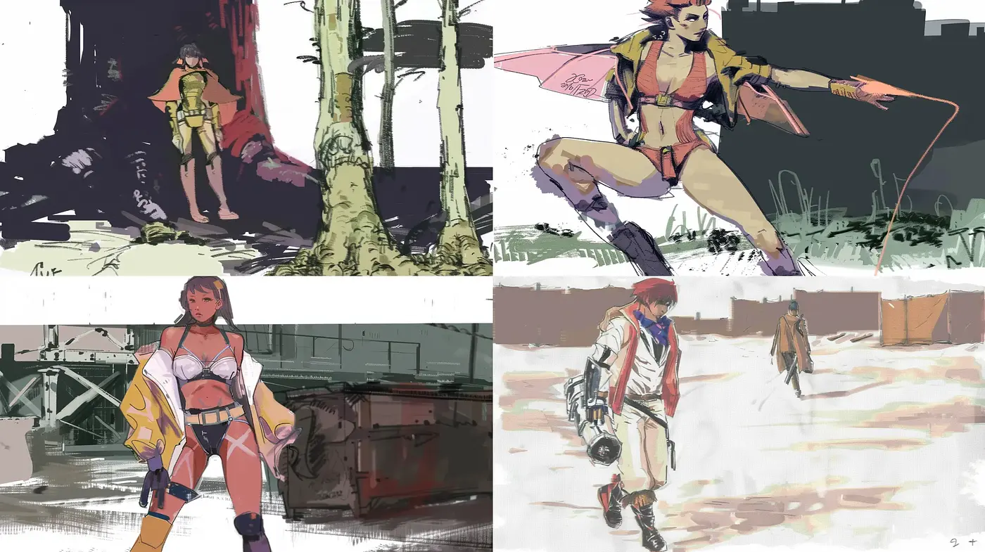 Whimsical Brushwork and Vivid Characters in Dynamic Poses - Midjourney sref style