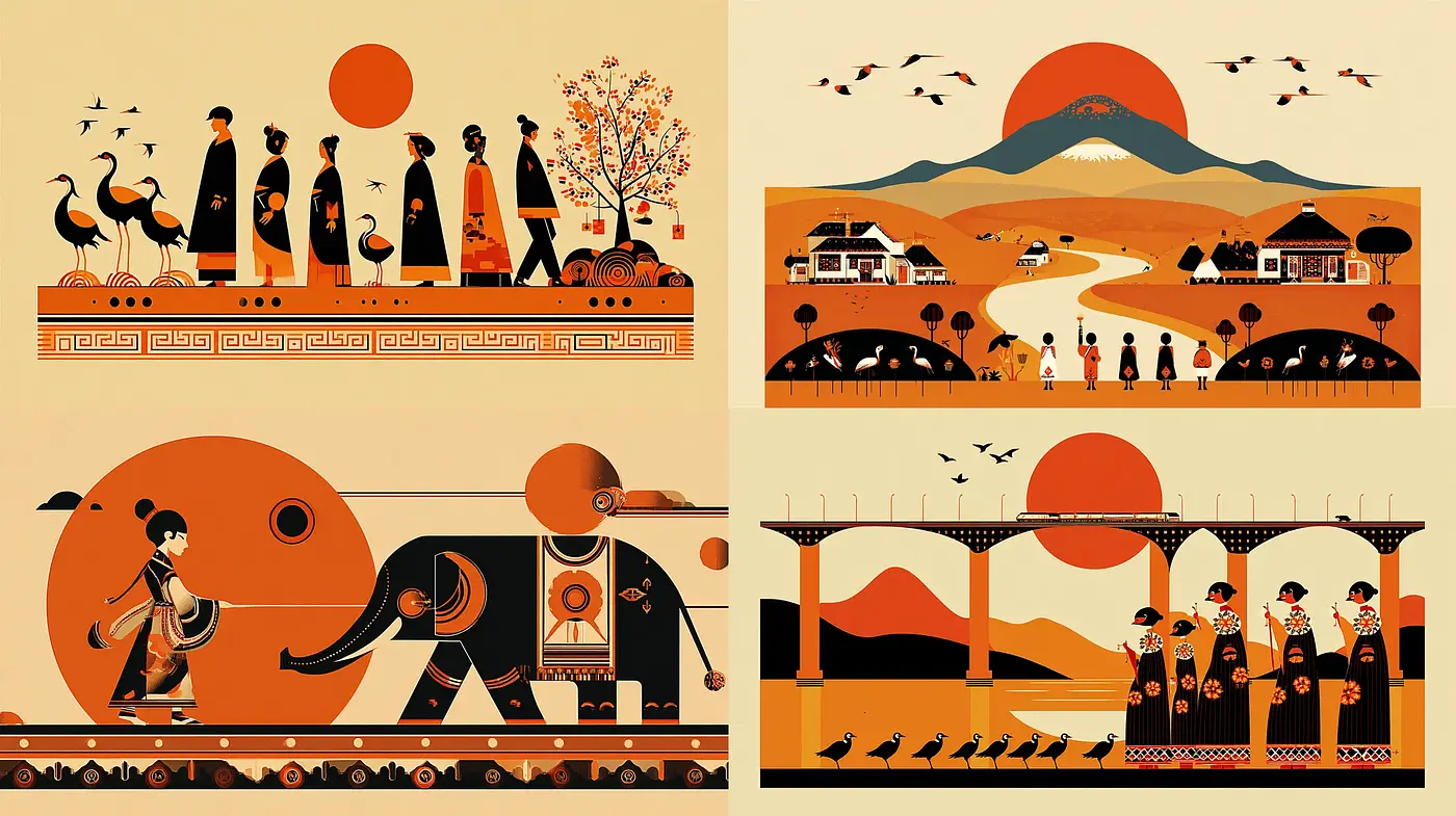 Cultural Fusion in Vibrant Flat Illustrations with Consistent Aesthetic Elements - Midjourney sref style