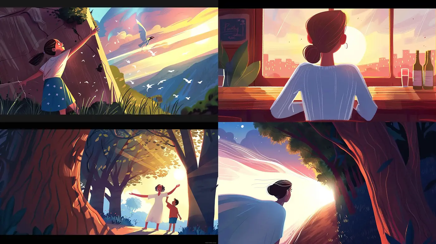 Serene Twilight Ambiance in Stylized Illustrative Art - Midjourney sref style
