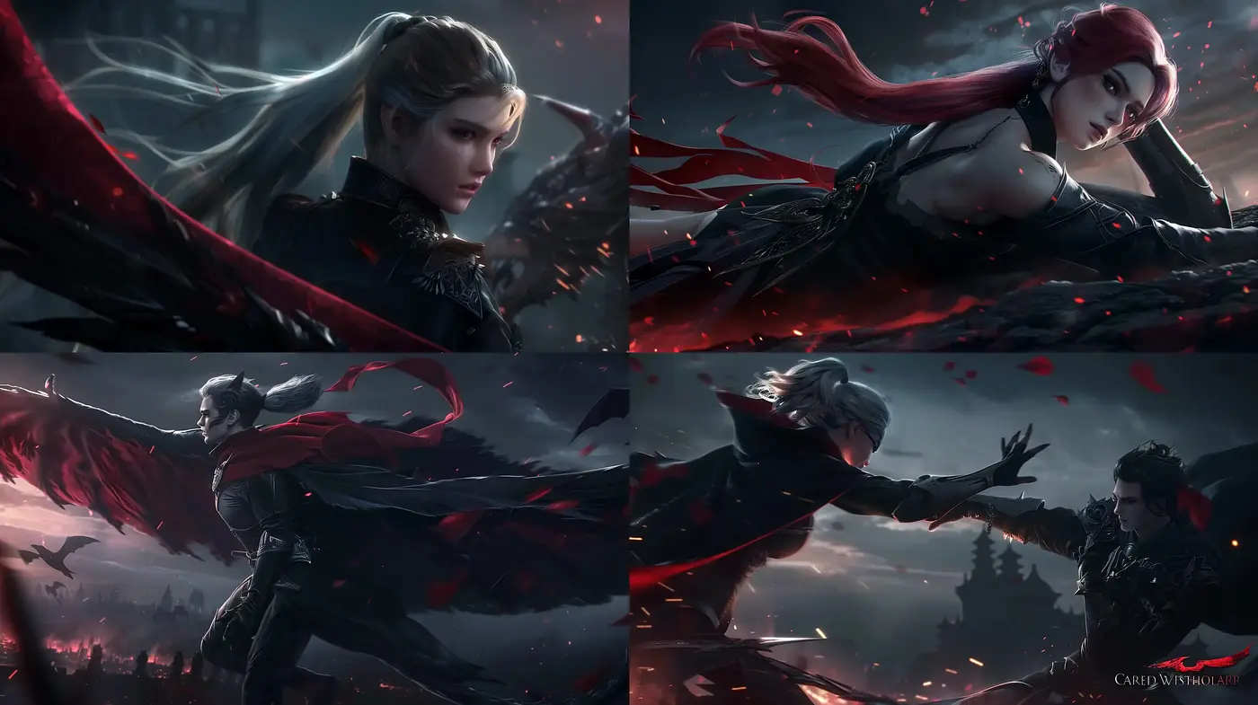 Dynamic Elegance in Crimson and Monochrome: A Homage to Dark Fantasy Illustration - Midjourney sref style