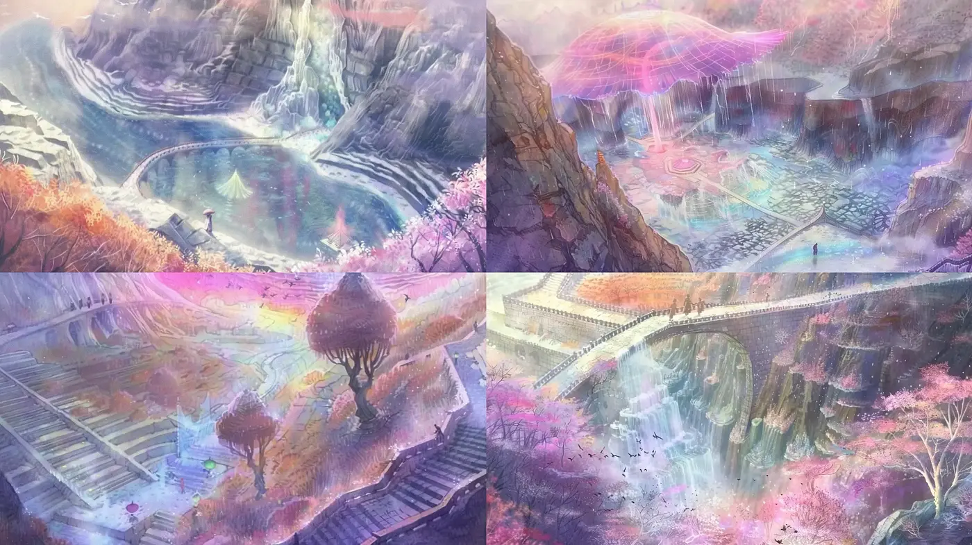 Ethereal Dreamscape Symphony: A Fusion of Surreal Naturalism and Vivid World-building - Midjourney sref style