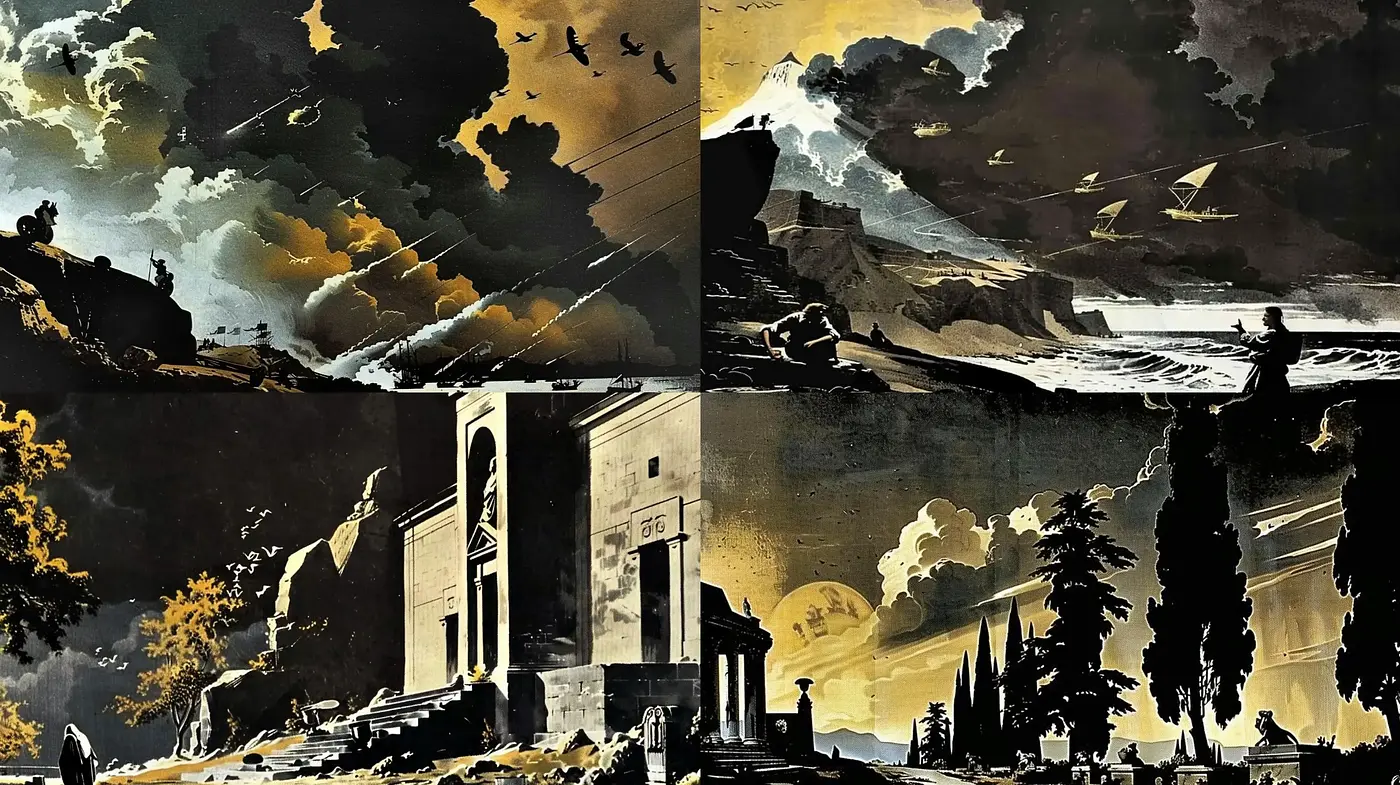 Dramatic Contrasts in a Chiaroscuro-Inspired Landscape Collection - Midjourney sref style