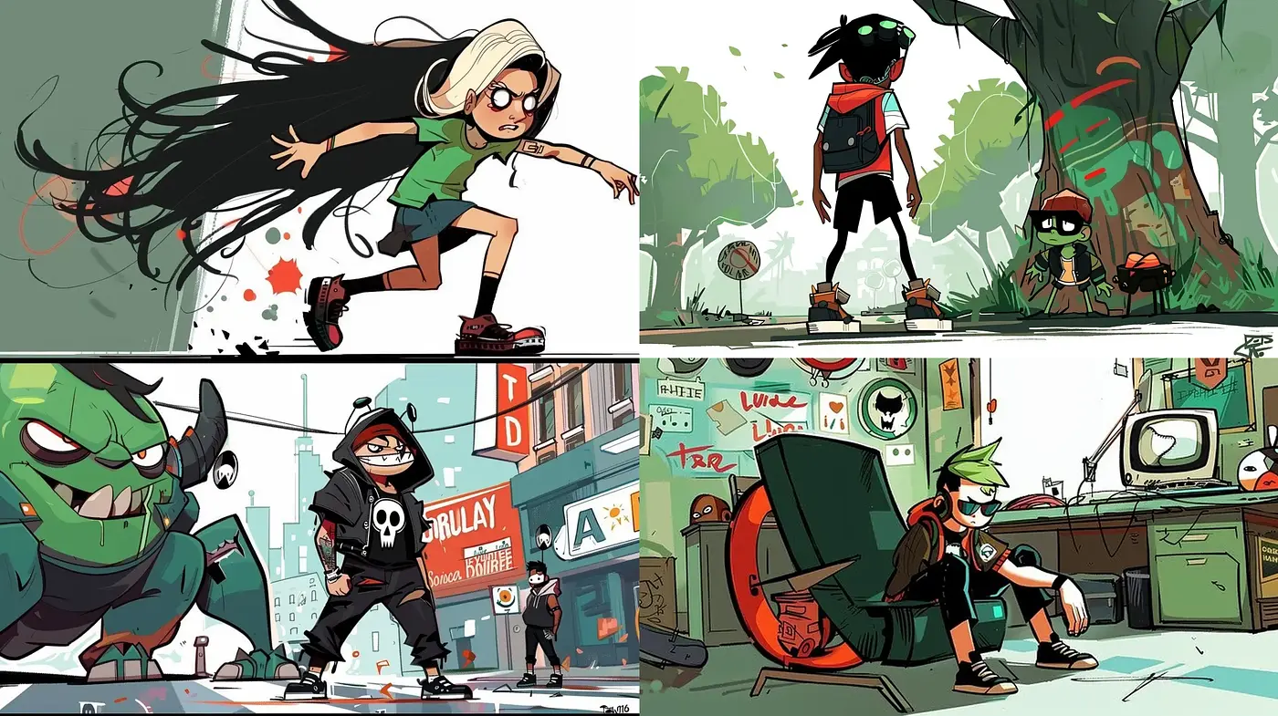 Youthful Urban Energy in Stylized Comic Illustration - Midjourney sref style