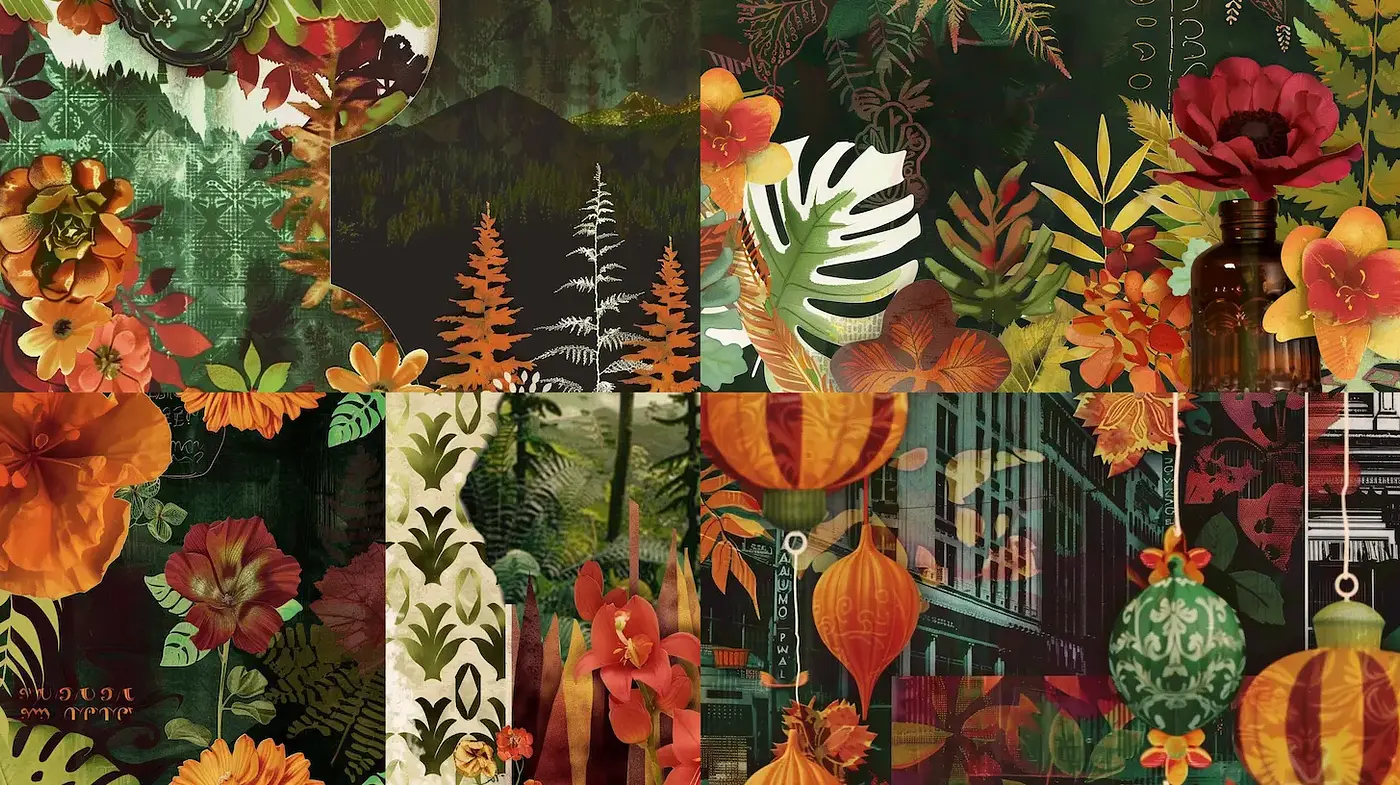 Richly Textured Botanical Collage with Warm Hues and Organic Forms - Midjourney sref style