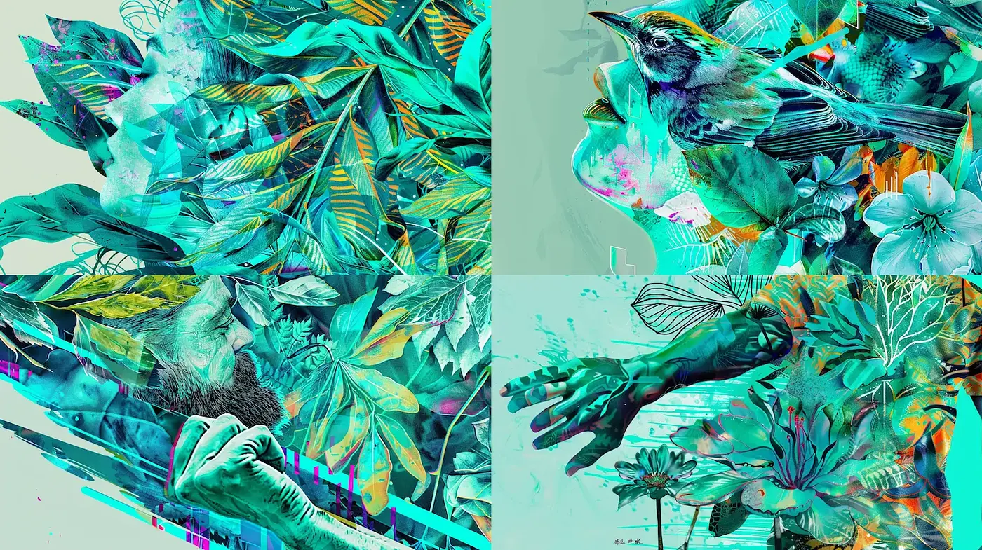 Vibrant, Surreal Nature-inspired Illustrations with Abstract Elements - Midjourney sref style