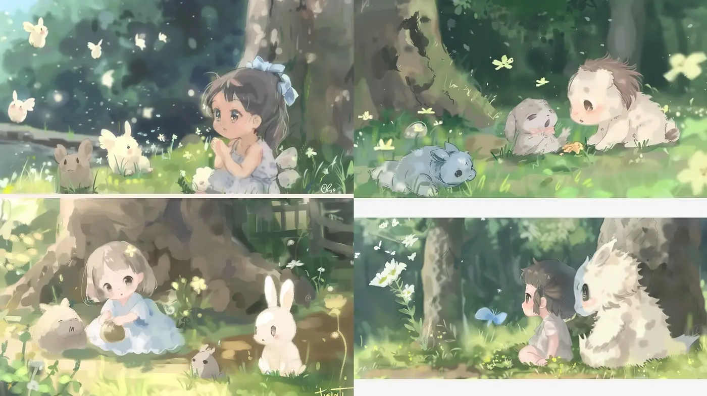 Serene Pastoral Whimsy: A Harmonious Fusion of Anime-Inspired Innocence and Watercolor Nature - Midjourney sref style