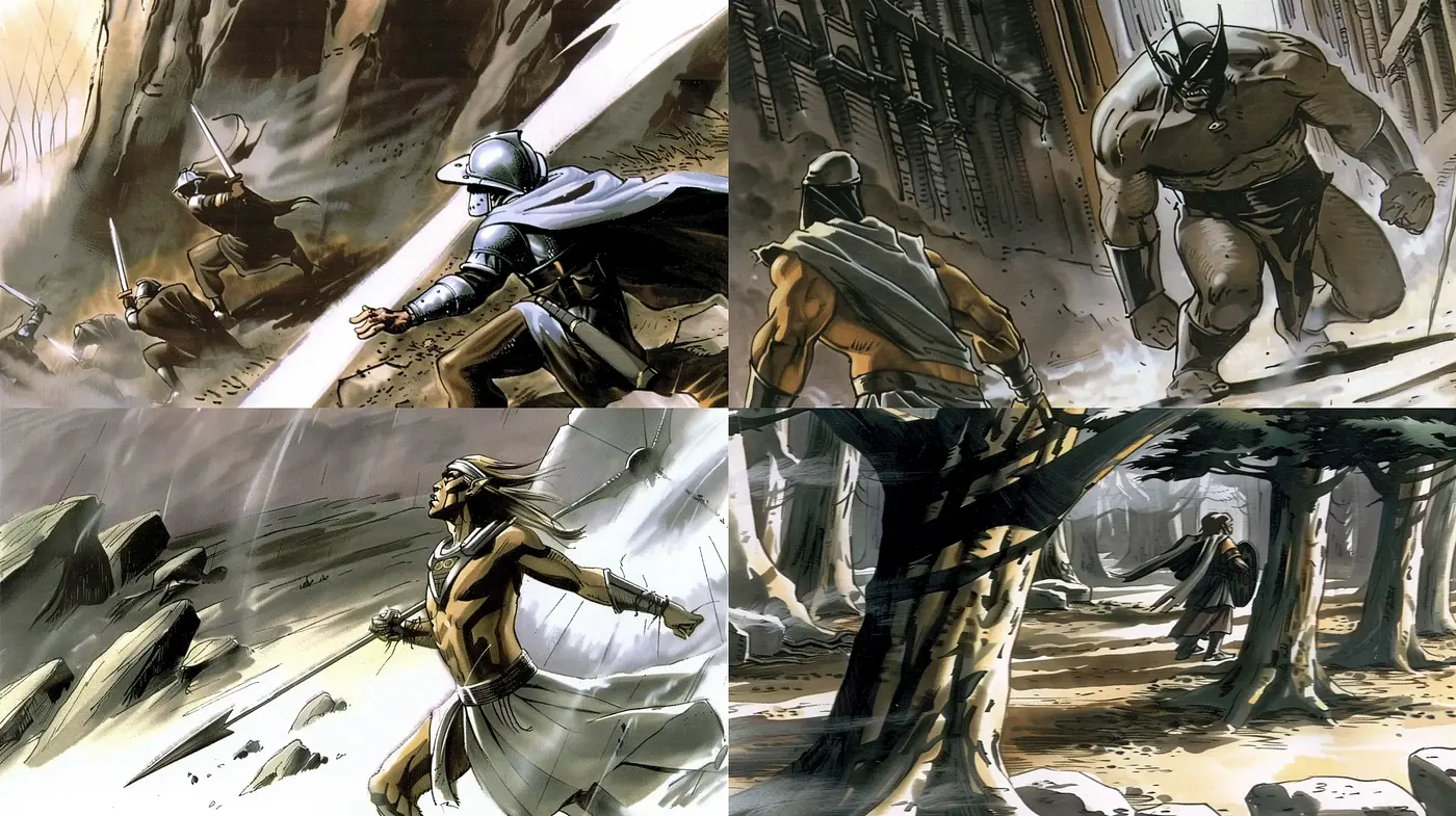 Dynamic Brushwork in Monochromatic Fantasy Illustration - Midjourney sref style