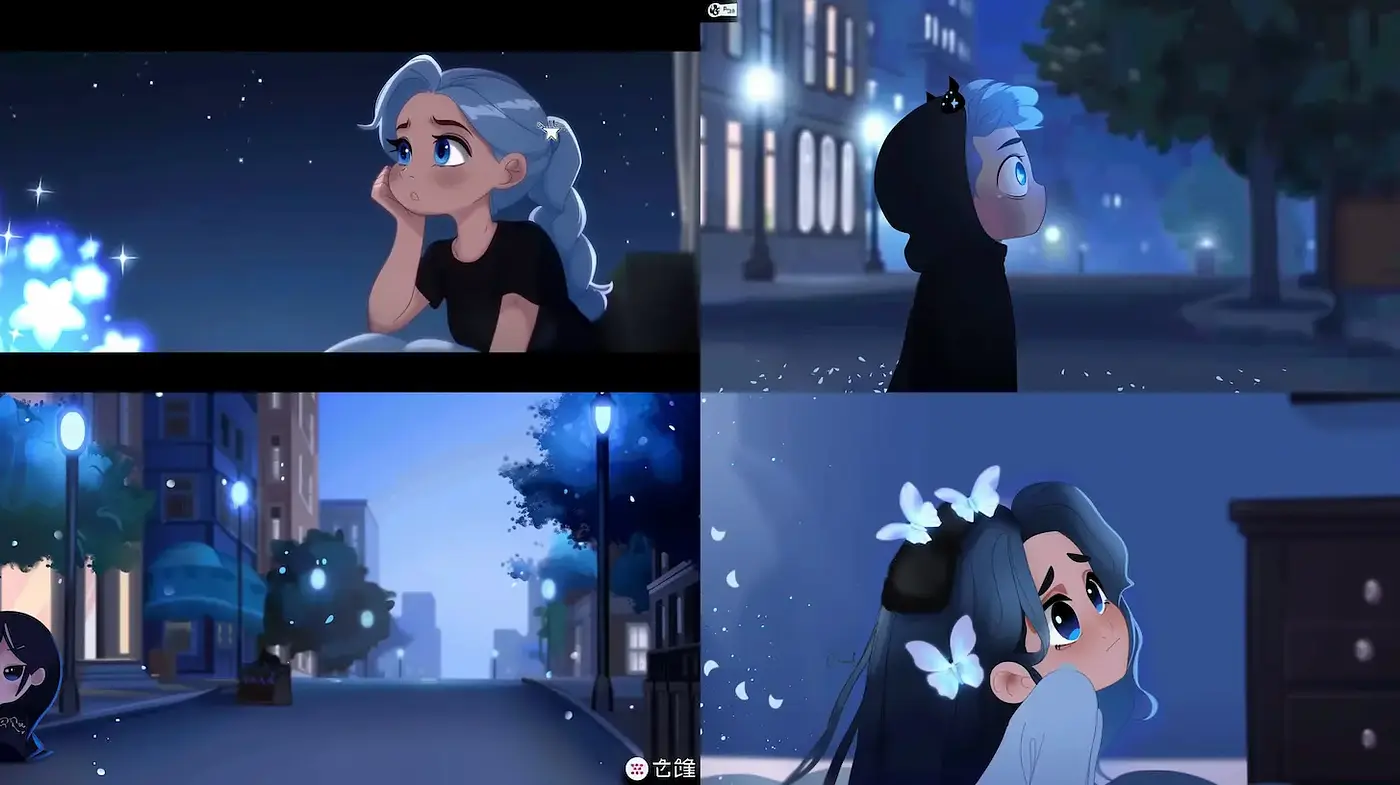 Whimsical, Atmospheric Nighttime Scenes with Soft Character Designs - Midjourney sref style