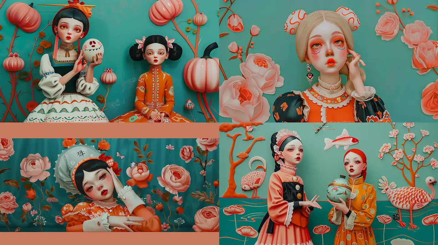 Whimsical and Colorful Portraits with Floral Themes in a Playful Artistic Style - Midjourney sref style