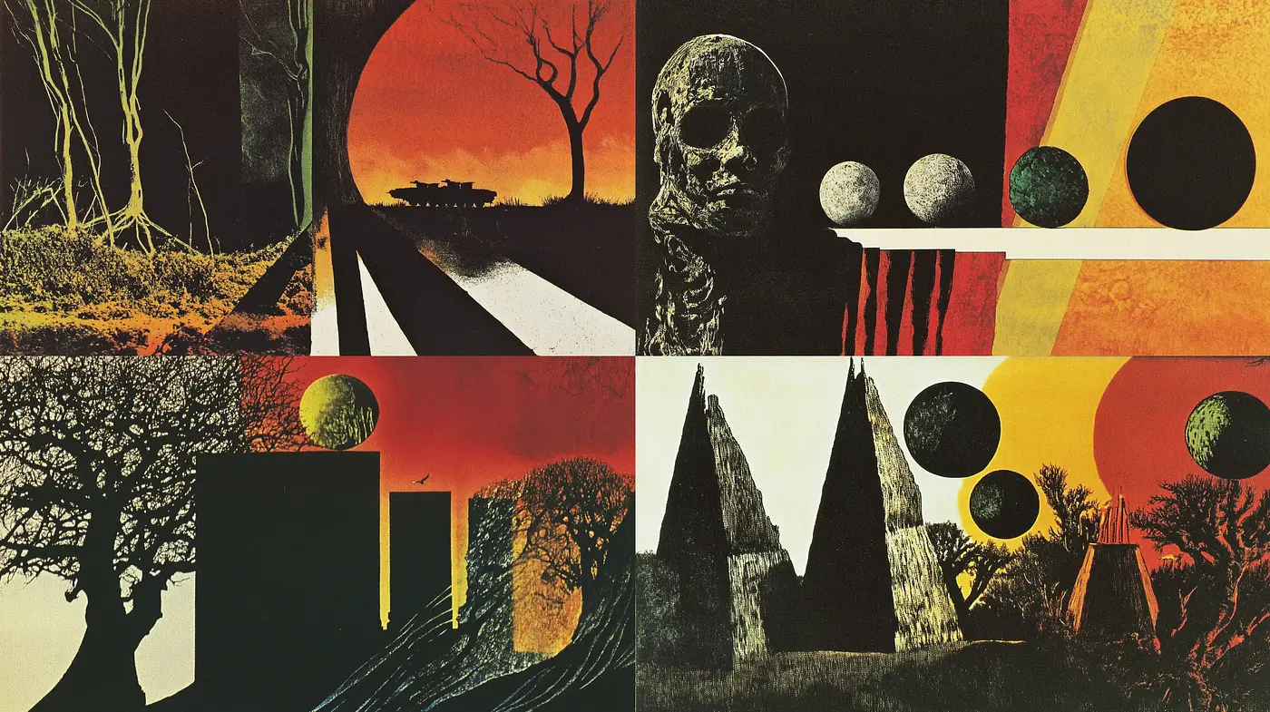 Surreal Dystopian Dreamscape with Abstract Geometric Intrusions - Midjourney sref style