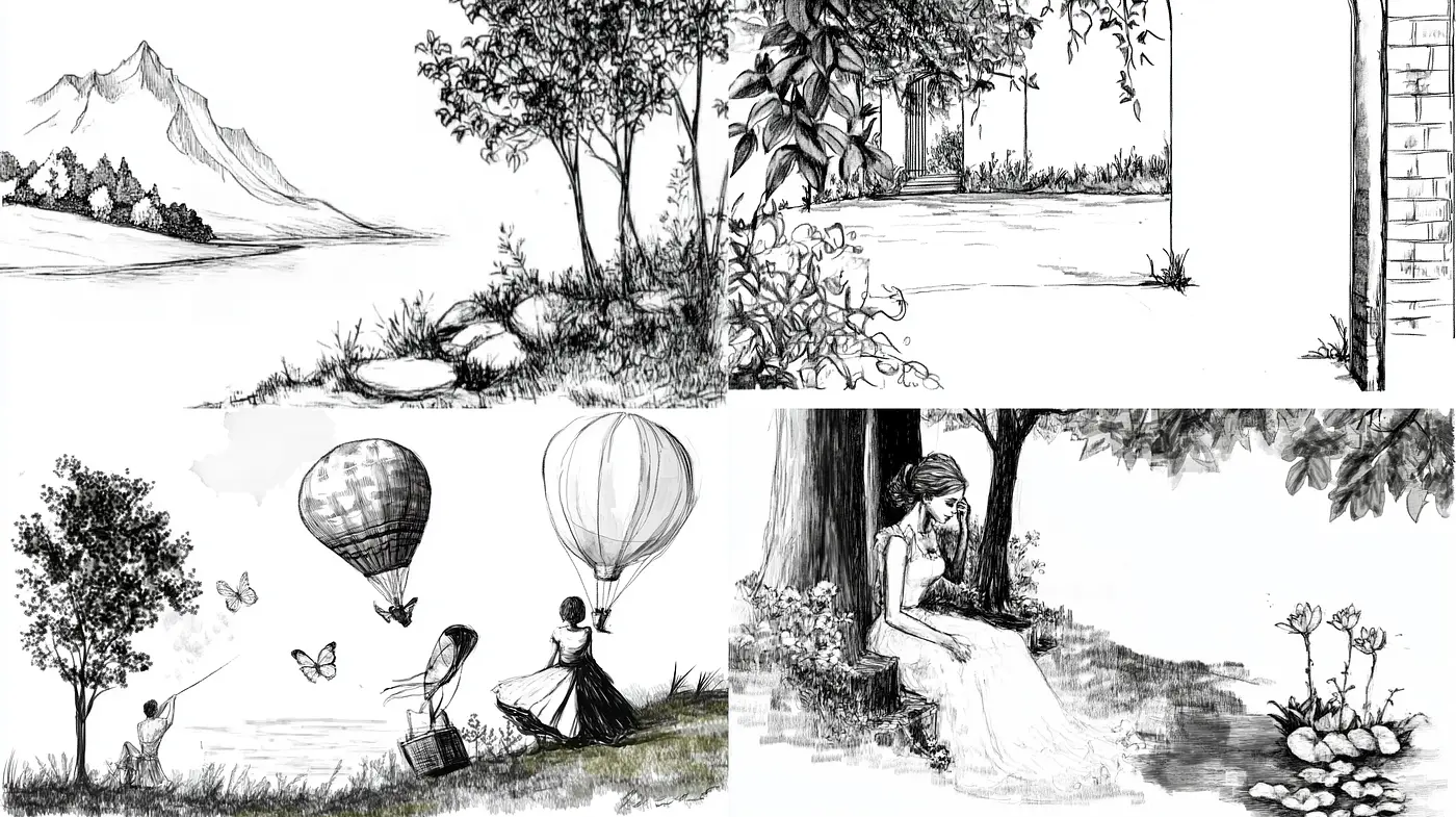 Monochromic Ink Pen Storybook Illustrations - Midjourney sref style